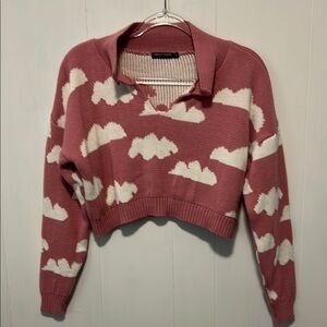 Nasty Gal Pink and White V-Neck Sweater with Cloud Design